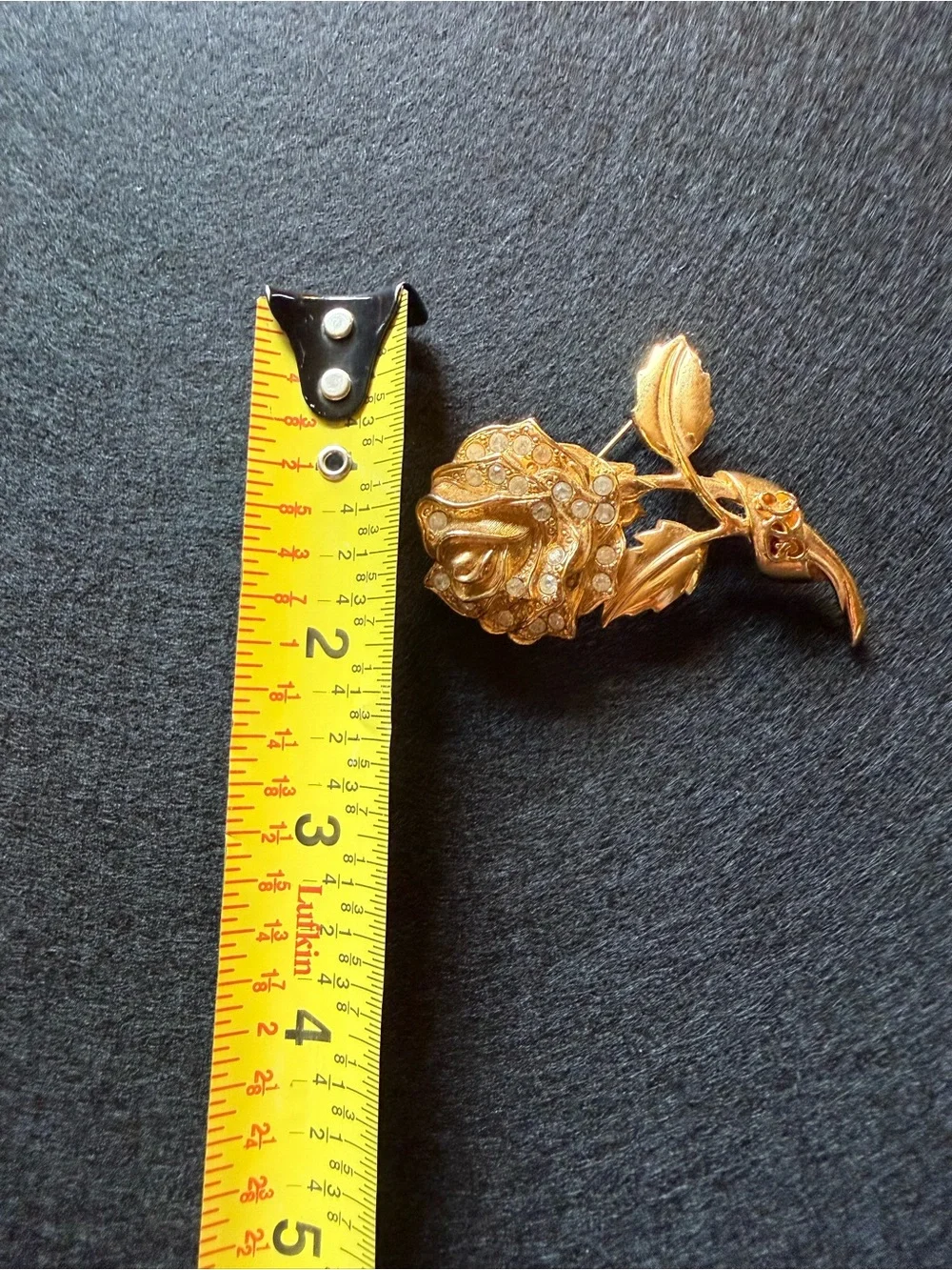 Vintage RC Signed Gold Tone Rhinestone Rose Brooch Floral Statement Pin
